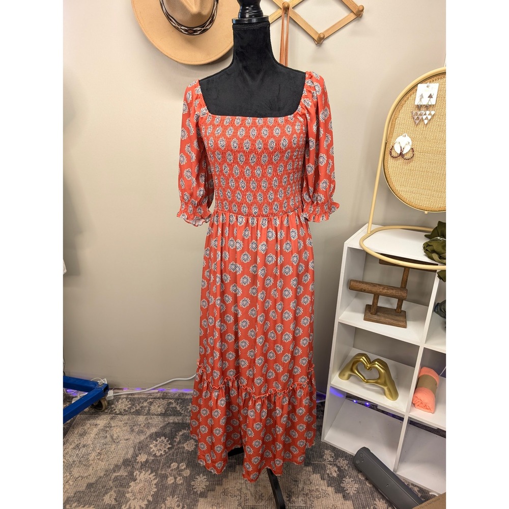 Collection by Cezele Orange Medallion Smocked Maxi Dress Square Neck Large NWT